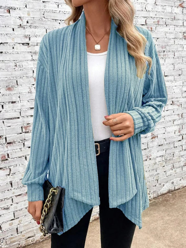 Solid Ribbed Knitted Cascade Open-Front Cardigan	