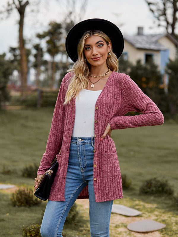 Rib-Knit Button-Up Cardigan with Pockets Cardigans | Chuzko.com