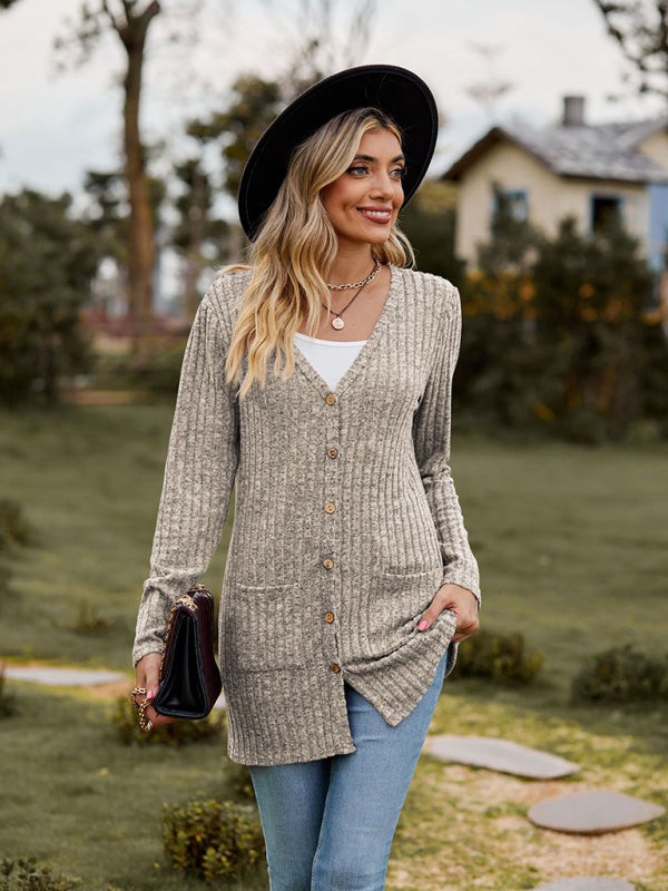 Rib-Knit Button-Up Cardigan with Pockets Cardigans | Chuzko.com