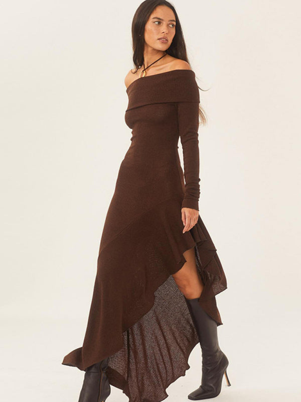 Solid Autumn High-Low Ruffle Side Off Shoulder Long Dress | Chuzko.com