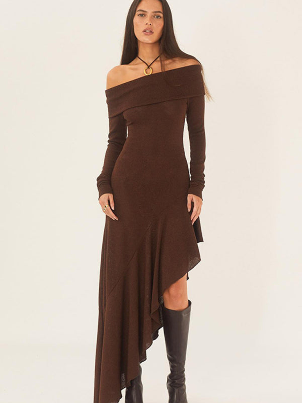 Solid Autumn High-Low Ruffle Side Off Shoulder Long Dress | Chuzko.com