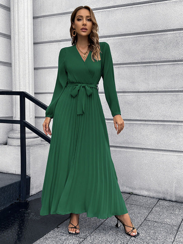 Elegant Autumn Long Sleeve Surplice Neck Plisse Belt-Tie Maxi | Chuzko.com