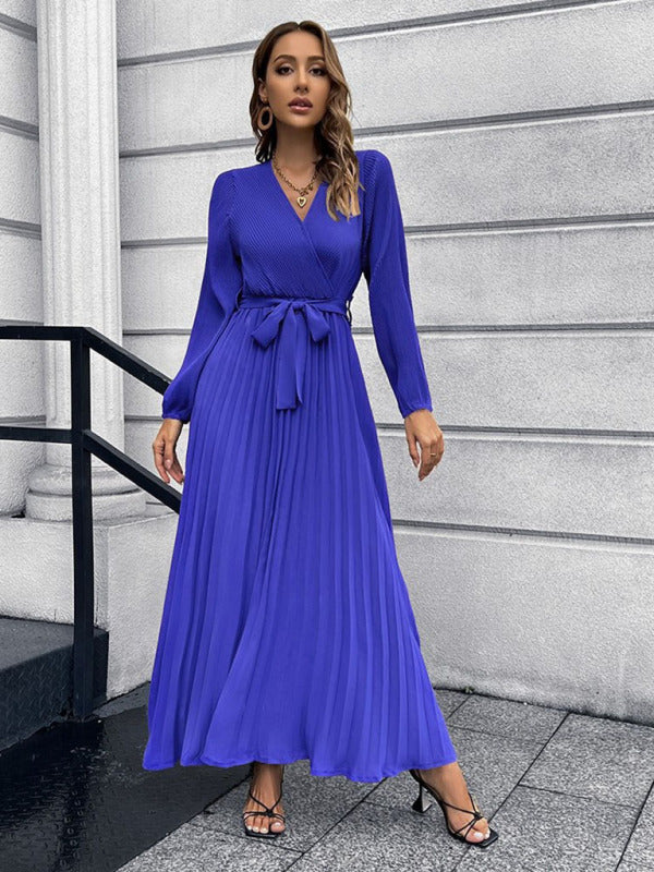 Elegant Autumn Long Sleeve Surplice Neck Plisse Belt-Tie Maxi | Chuzko.com