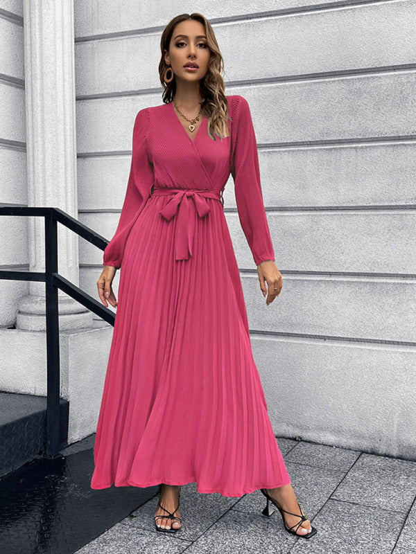 Elegant Autumn Long Sleeve Surplice Neck Plisse Belt-Tie Maxi | Chuzko.com