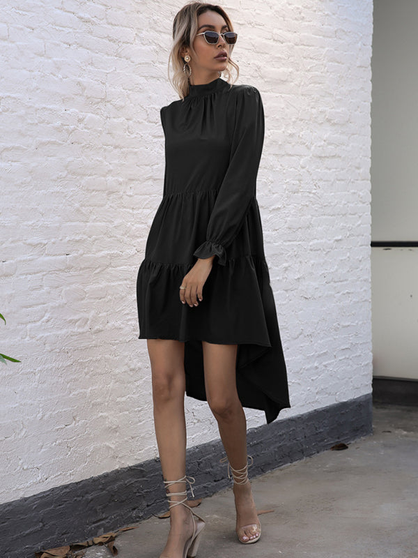 Autumn Solid Tiered High-Neck Mini Dress with Tail Tiered Dresses | Chuzko.com