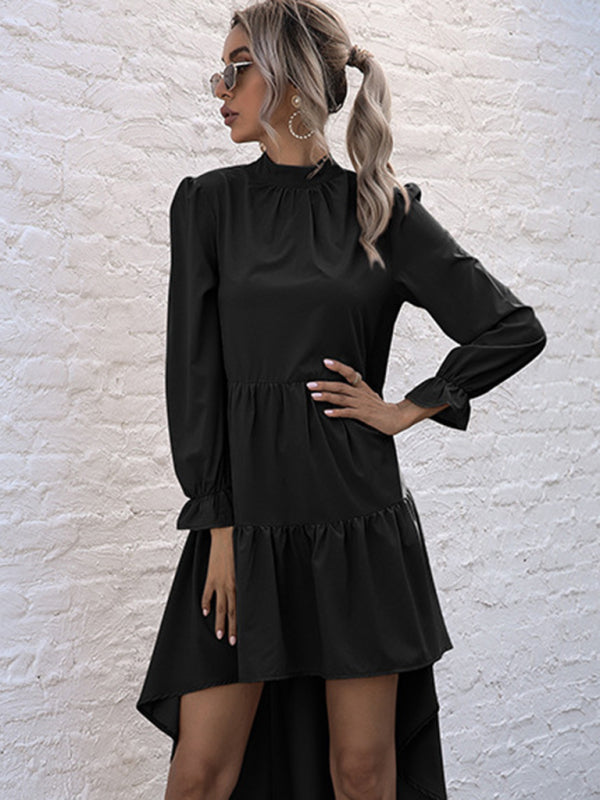 Solid Tiered Long Sleeve High-Neck Mini Dress with Tail	