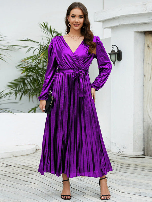 Elegant Autumn Glossy Satin Surplice V-Neck Pleated Belted Midi Dress	