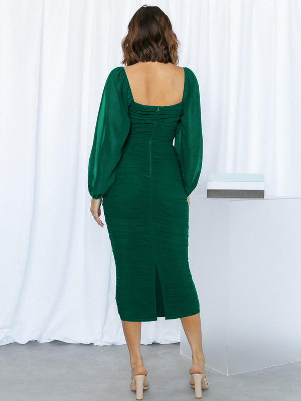 Elegant Solid Ruched Bodycon Lantern Sleeve Midi Dress Bodycon | Chuzko.com