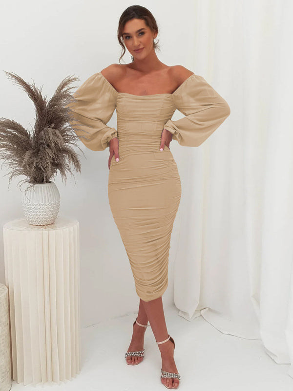 Wedding Guest Ruched Bodycon Lantern Sleeve Dress	