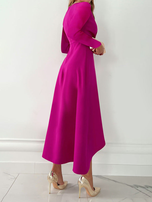 Elegant Solid Faux Wrap Ruffle V-Neck Long Sleeve Dress Elegant | Chuzko.com