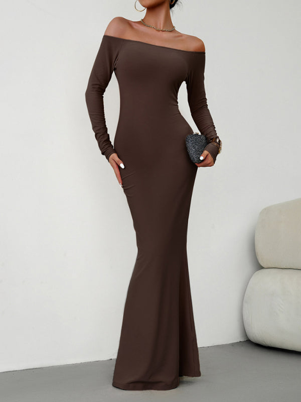 Solid Long Sleeve Bodycon Off-Shoulder Mermaid Dress Trumpet | Chuzko.com