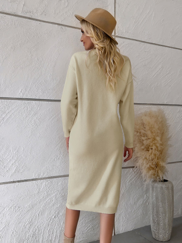 Casual Knit Seam Half-Button Round Neck Sweater Dress Sweater | Chuzko.com