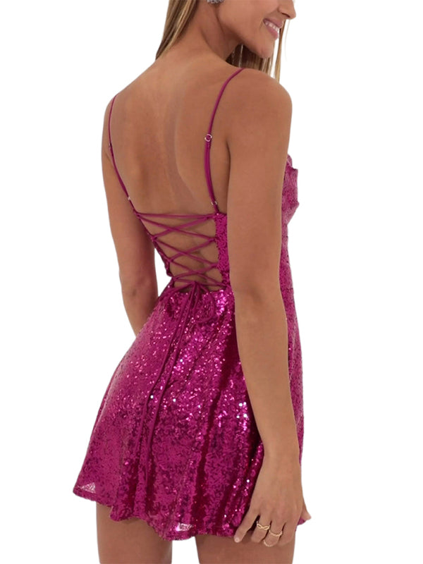 Glitter Lace-Up Back Sparkly Evening Swing Mini Dress Party | Chuzko.com