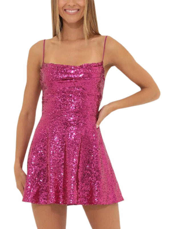 Glitter Lace-Up Back Sparkly Evening Swing Mini Dress Party | Chuzko.com