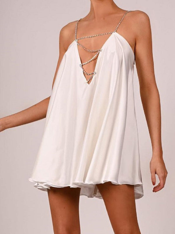 Elegant Satin Diamonds Flowy Backless Plunge Slip Mini dress | Chuzko.com