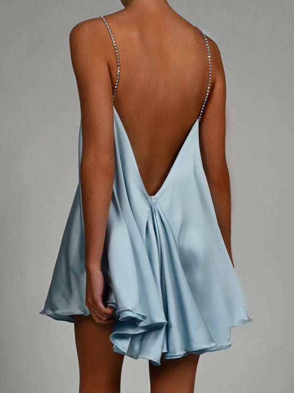 Elegant Satin Diamonds Flowy Backless Plunge Slip Mini dress | Chuzko.com