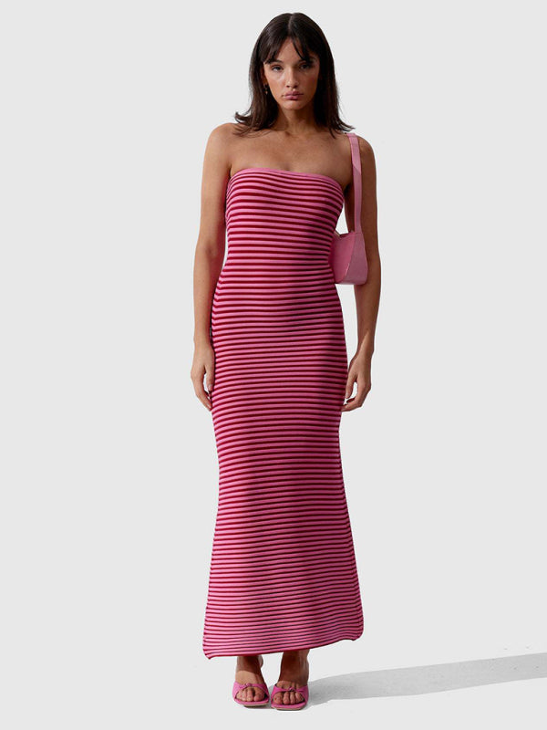 Stripe Knitted Tube Semi Mermaid Maxi Dress Knit Dresses | Chuzko.com