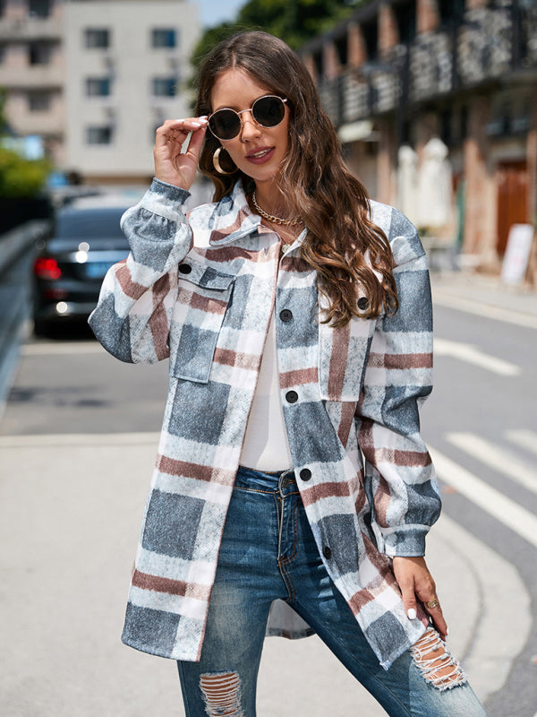 Autumn Woolen Plaid Mid-Length Shacket Shirt Jacket	