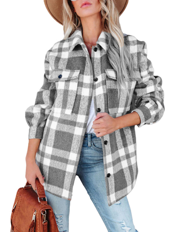 Autumn Shacket Bushed Flannel Plaid Long Shirt Jacket	