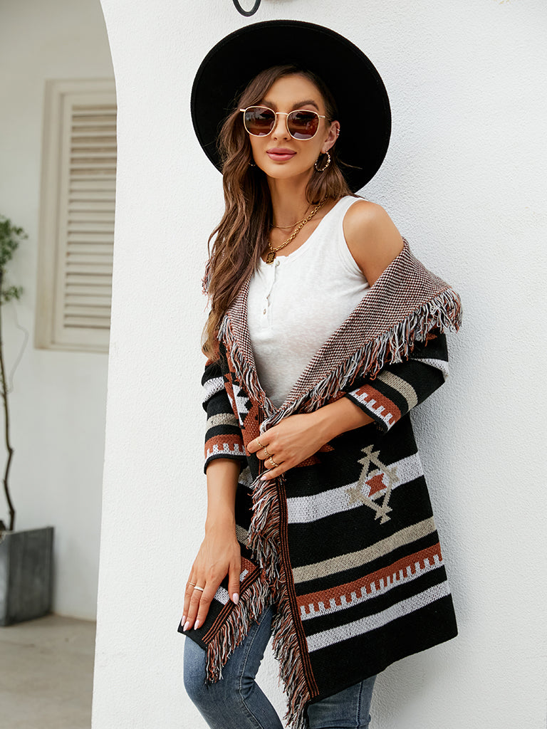 Aztec Knit Western Fringe Shawl Collar Coat Knit Coats | Chuzko.com