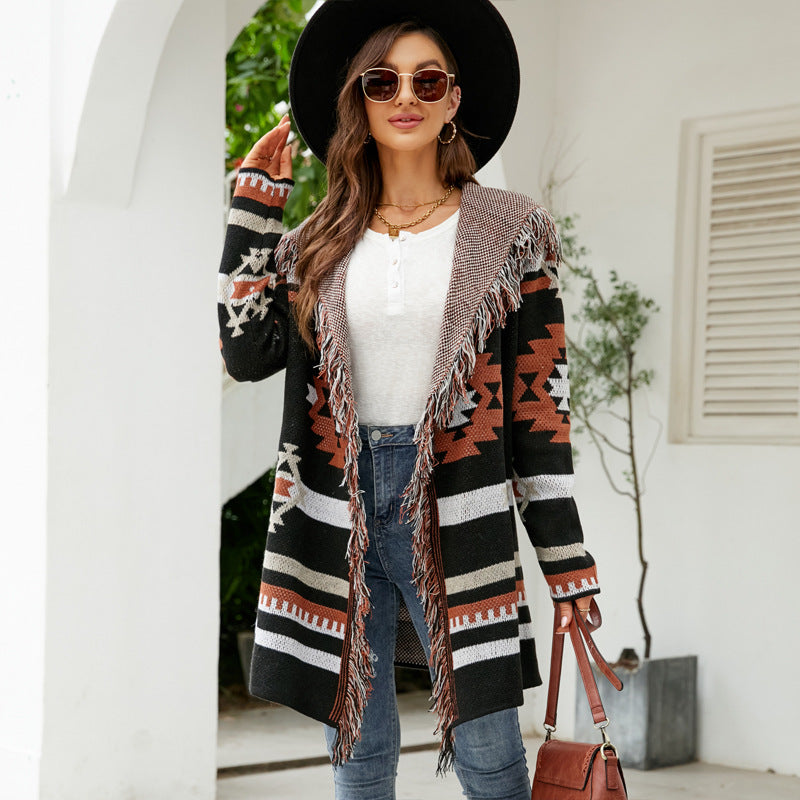 Aztec Knit Western Fringe Shawl Collar Coat Knit Coats | Chuzko.com