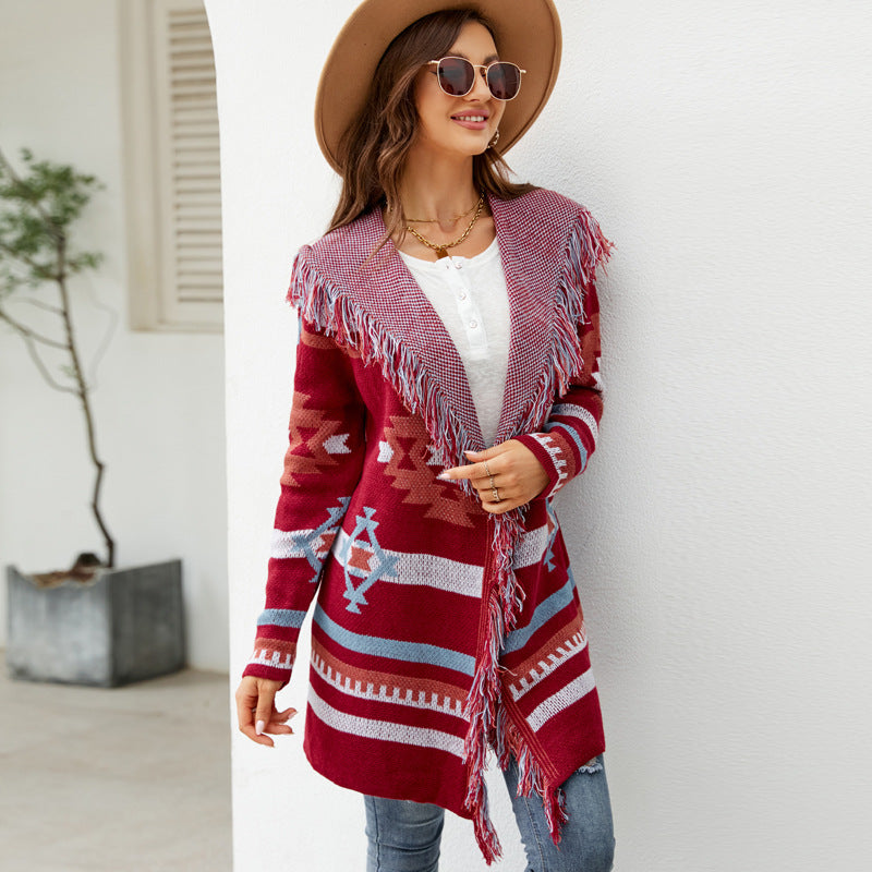 Aztec Knit Western Fringe Shawl Collar Coat Knit Coats | Chuzko.com