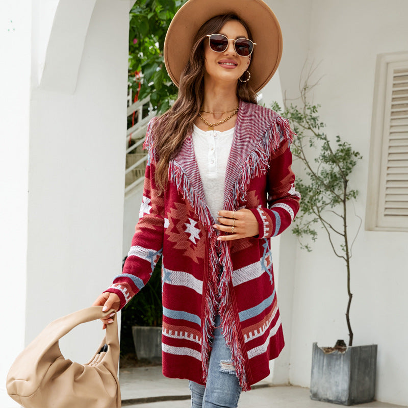 Aztec Knit Western Fringe Shawl Collar Coat Knit Coats | Chuzko.com