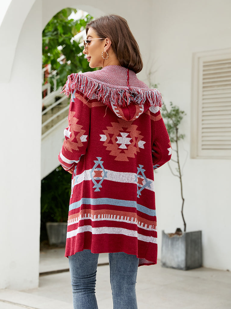 Aztec Knit Western Fringe Shawl Collar Coat Knit Coats | Chuzko.com