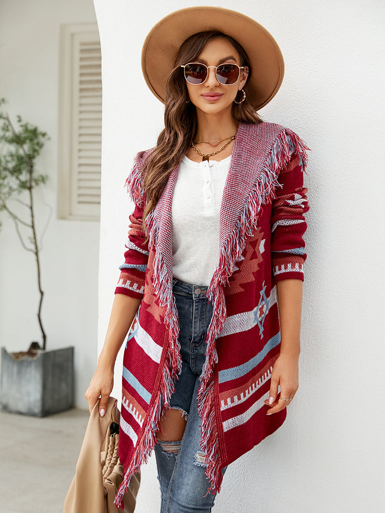 Aztec Knit Western Fringe Shawl Collar Coat Knit Coats | Chuzko.com