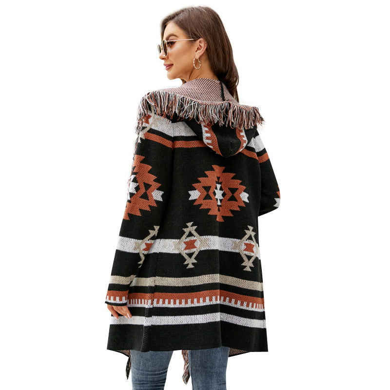 Aztec Knit Western Fringe Shawl Collar Coat Knit Coats | Chuzko.com