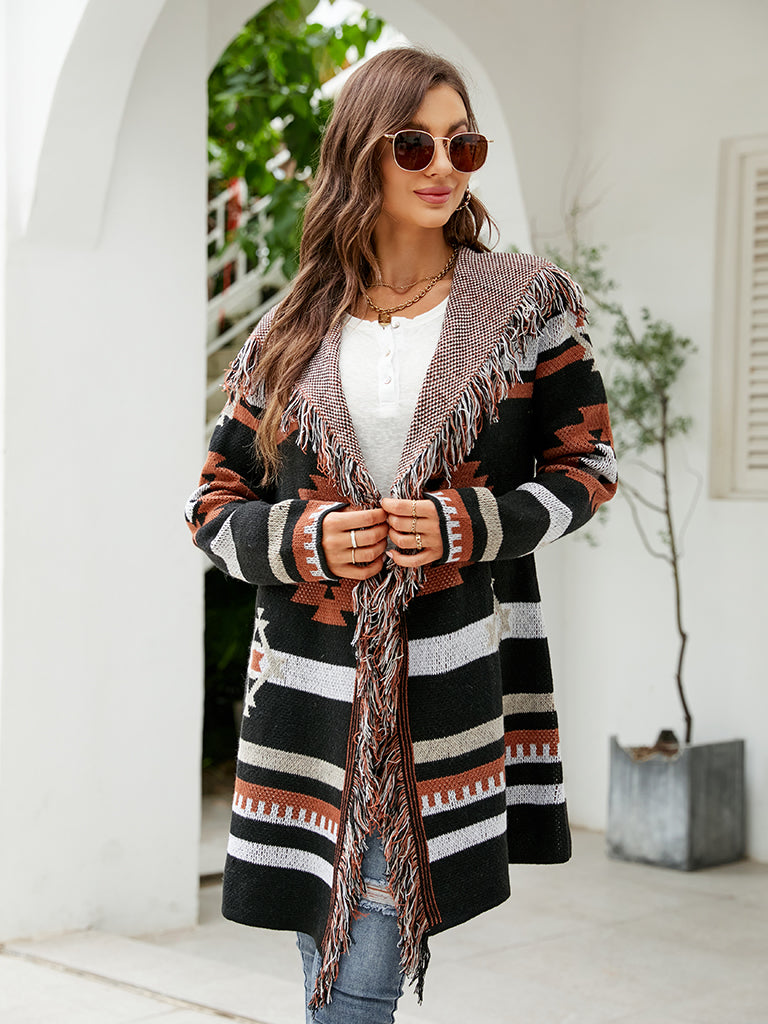 Aztec Knit Western Fringe Shawl Collar Coat Knit Coats | Chuzko.com