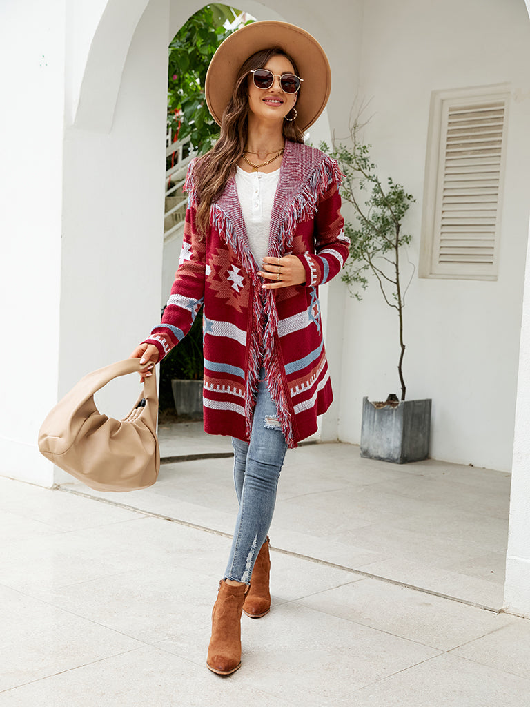 Aztec Knit Western Fringe Shawl Collar Coat Knit Coats | Chuzko.com