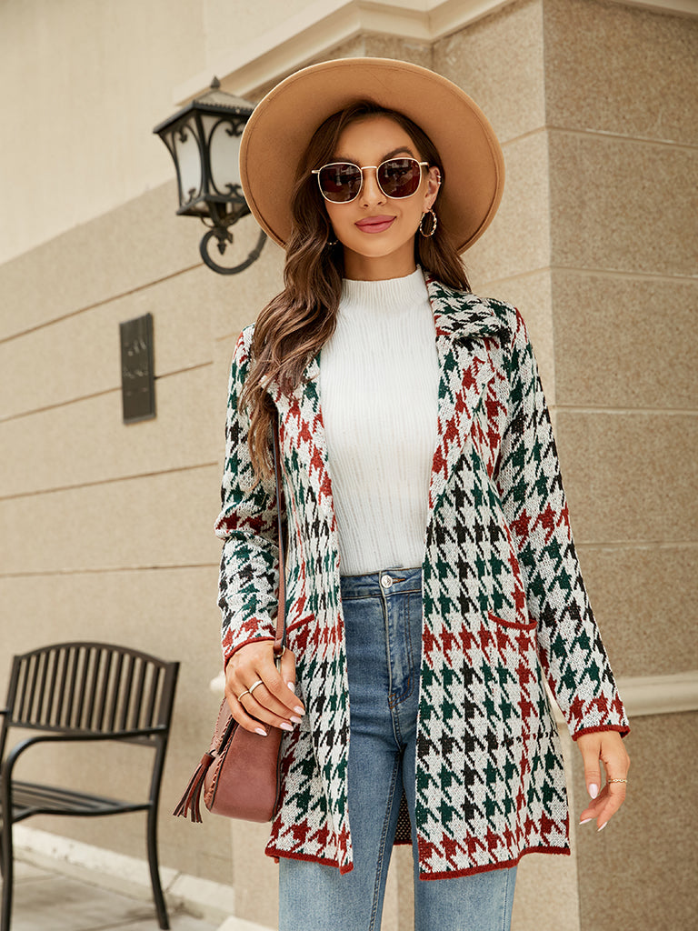 Cozy Knit Notch Lapel Winter Houndstooth Coat Coats | Chuzko.com