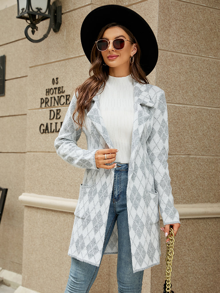 Cozy Knit Notch Lapel Winter Houndstooth Coat Coats | Chuzko.com