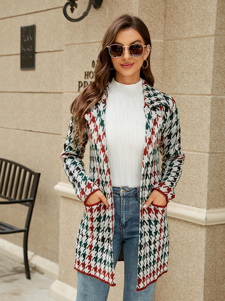 Cozy Knit Notch Lapel Winter Houndstooth Coat Coats | Chuzko.com