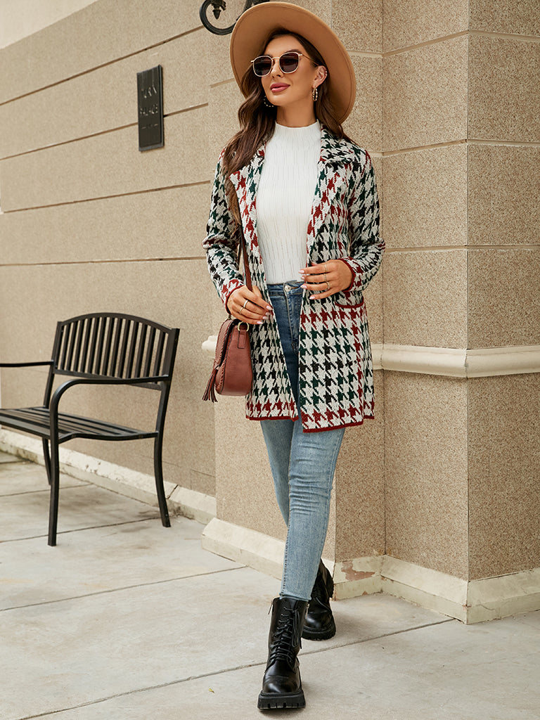 Cozy Knit Notch Lapel Winter Houndstooth Coat Coats | Chuzko.com