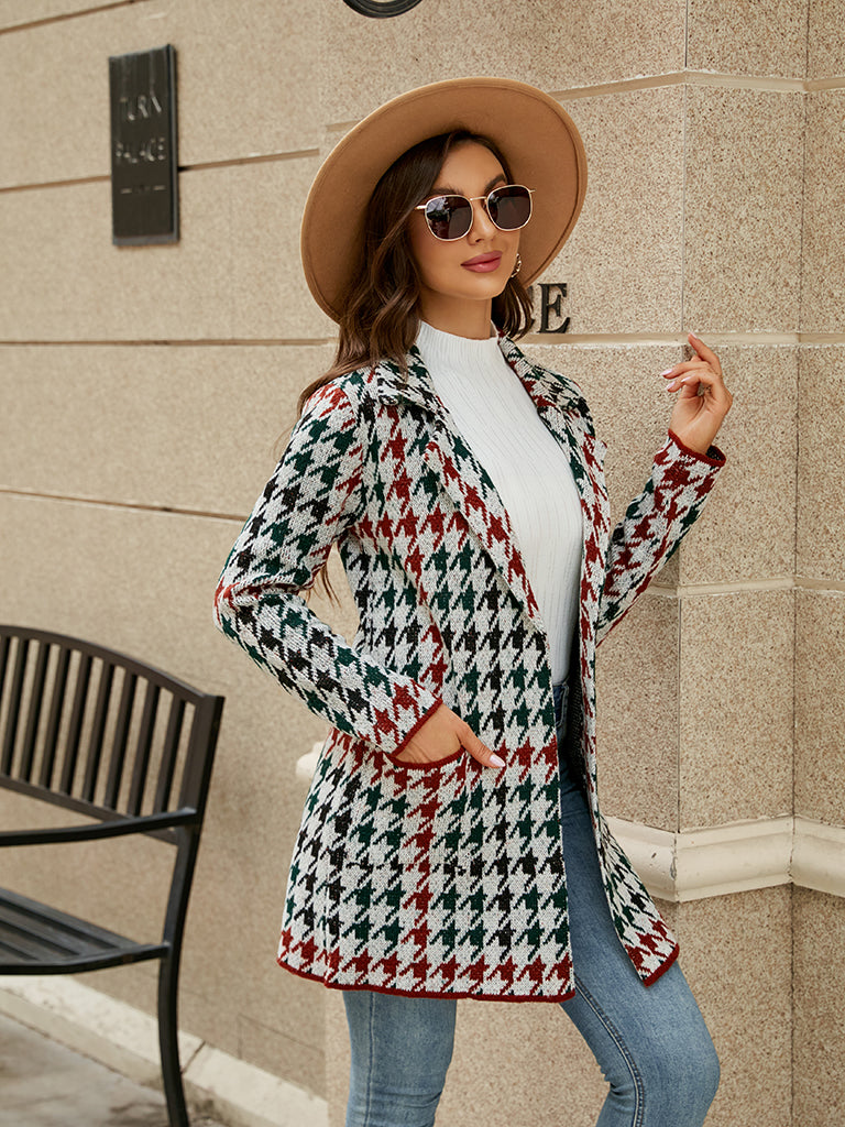 Cozy Knit Notch Lapel Winter Houndstooth Coat Coats | Chuzko.com