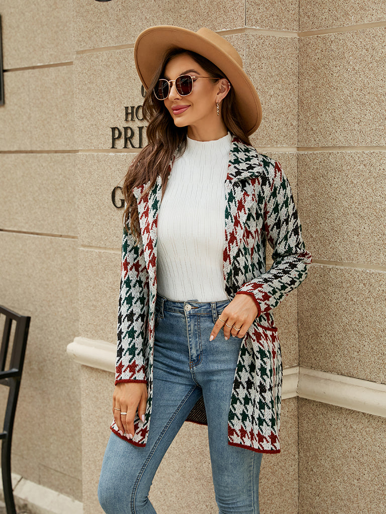 Cozy Knit Notch Lapel Winter Houndstooth Coat Coats | Chuzko.com