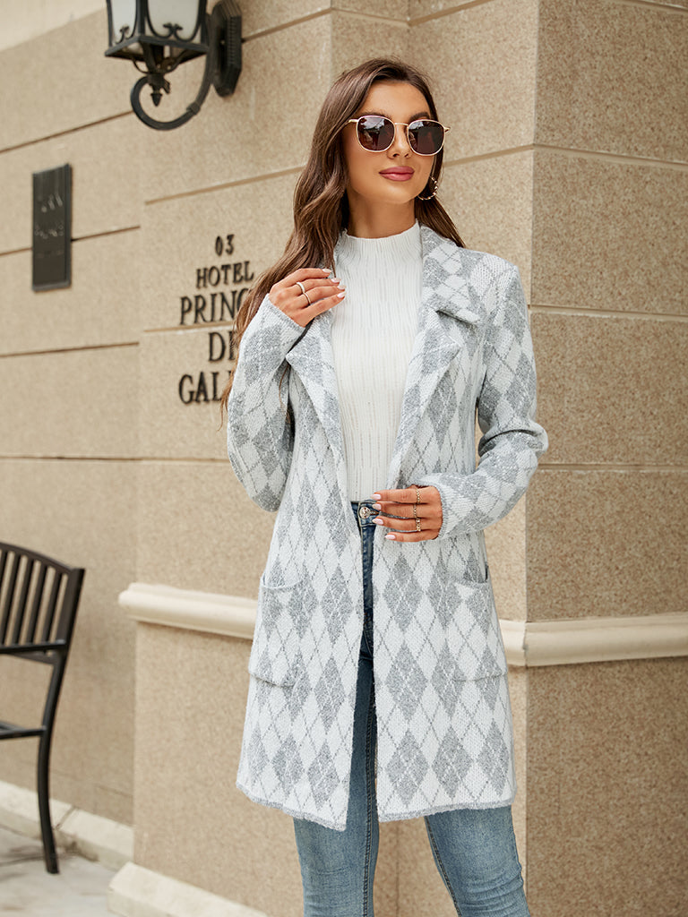 Cozy Knit Notch Lapel Winter Houndstooth Coat Coats | Chuzko.com