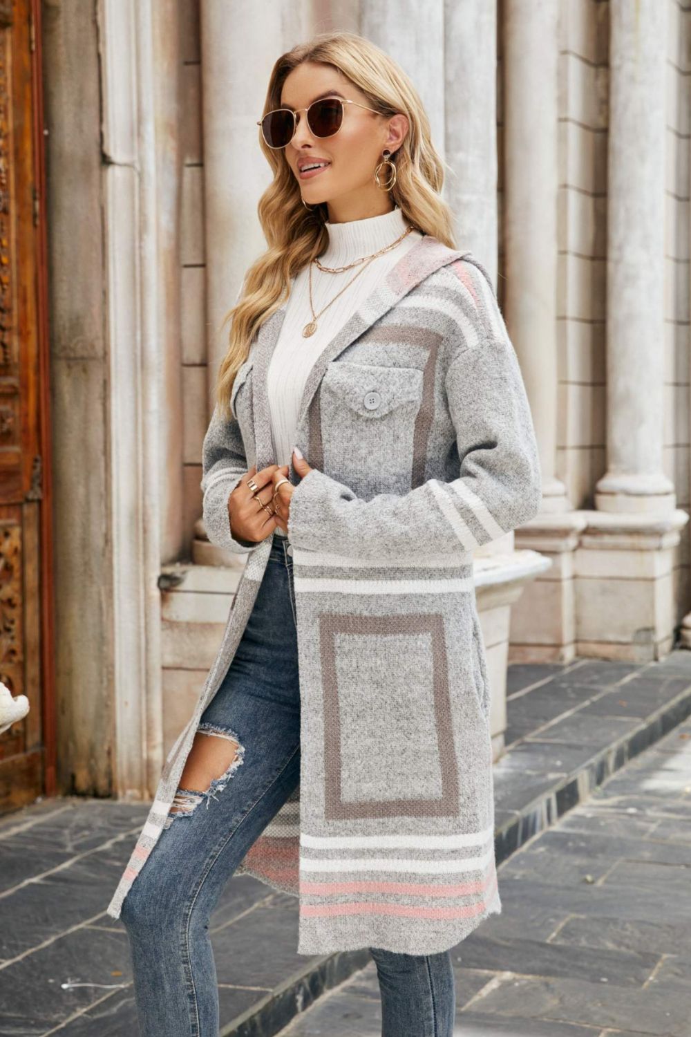 Winter Knit Pastel Zebra Shawl Hooded Coat - Duster Cardigan | Chuzko.com