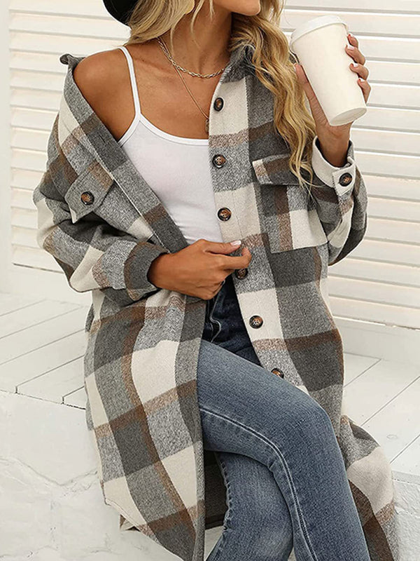 Faux Wool Plaid Windbreaker Coat	