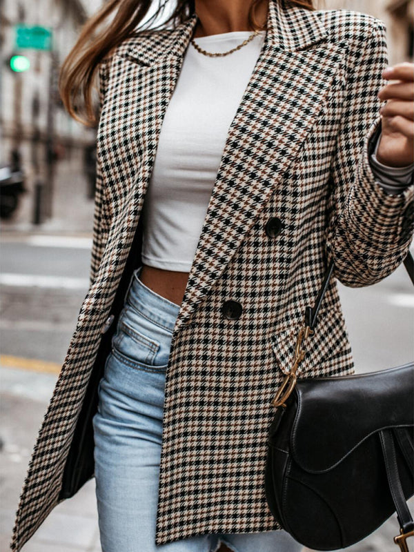 Autumn Double-Breasted Plaid Blazer - Office Mid-Length Jacket	