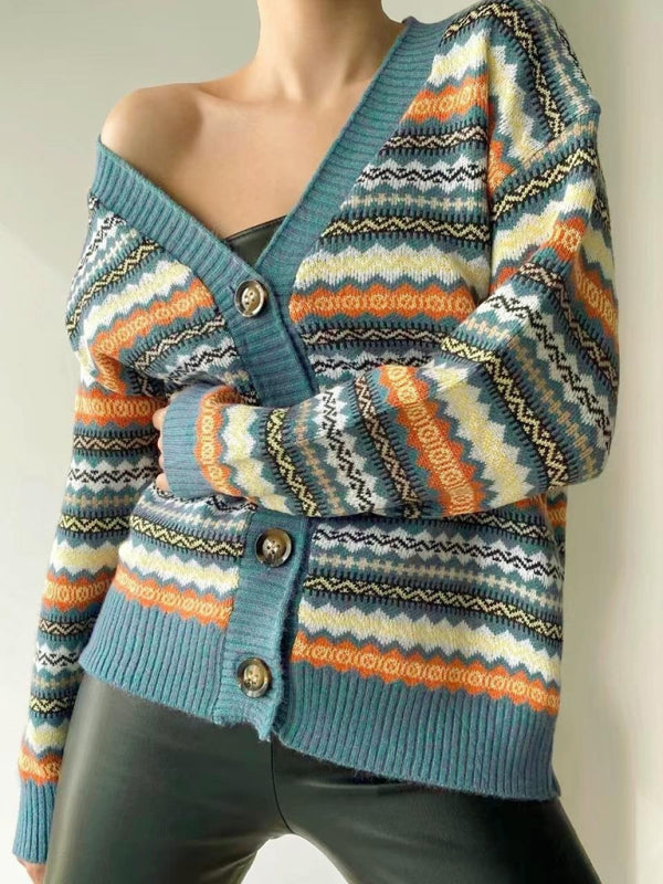 Fair Isle Knit Button-Up Sweater Cardigan	