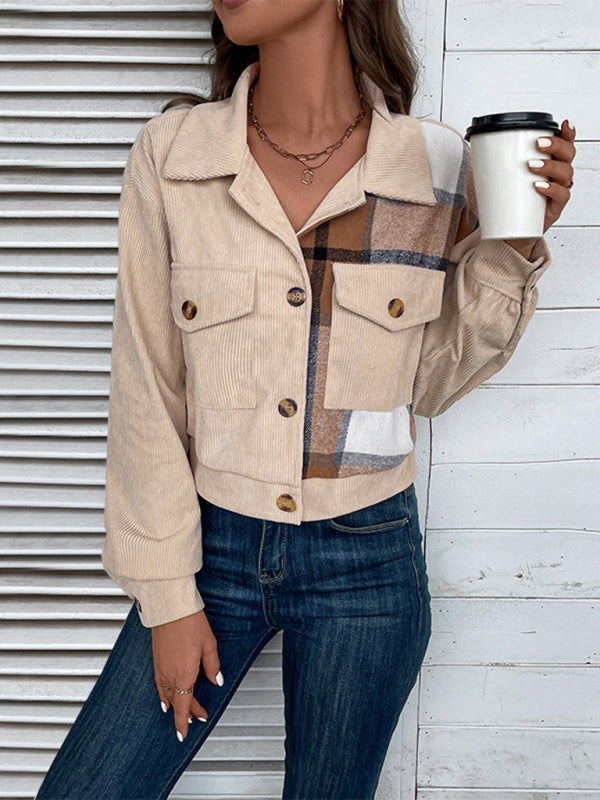 Cozy in Corduroy: Tan Plaid Crop Collar Jacket Crop Jackets | Chuzko.com