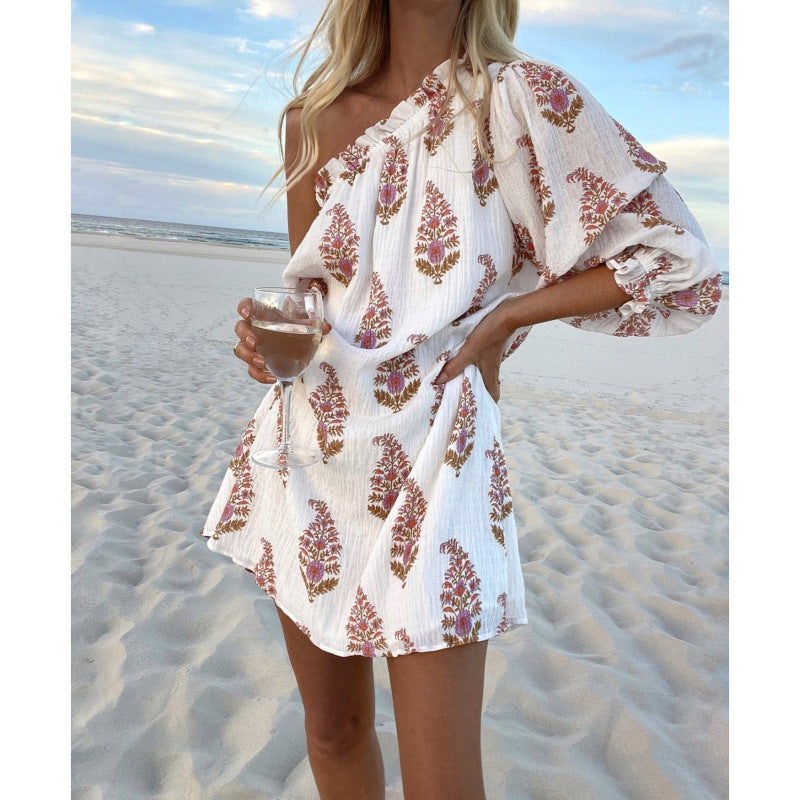 Garden Floral Textured One Shoulder Mini Dress for Summer	