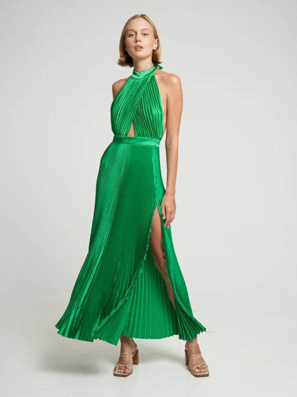 Halterneck Elegant Satin Plisse Cocktail Midi Dress Party Dresses | Chuzko.com