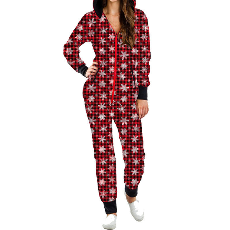 Ho-Ho-Holiday Pajamas: Xmas Zip-Up Hooded Jumpsuit Xmas Jumpsuits | Chuzko.com