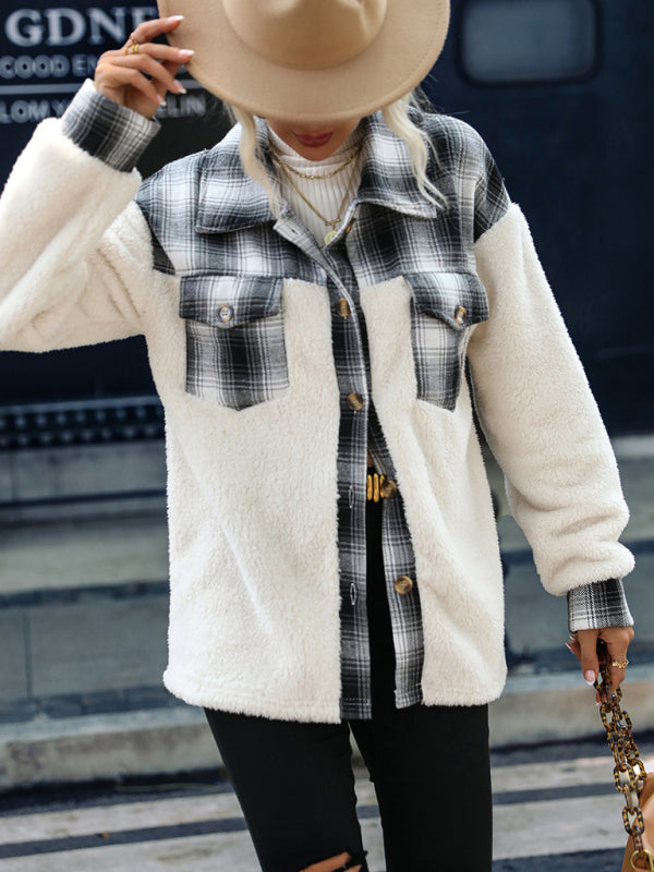 Women's Plaid Teddy Bear Button-Up Jacket	