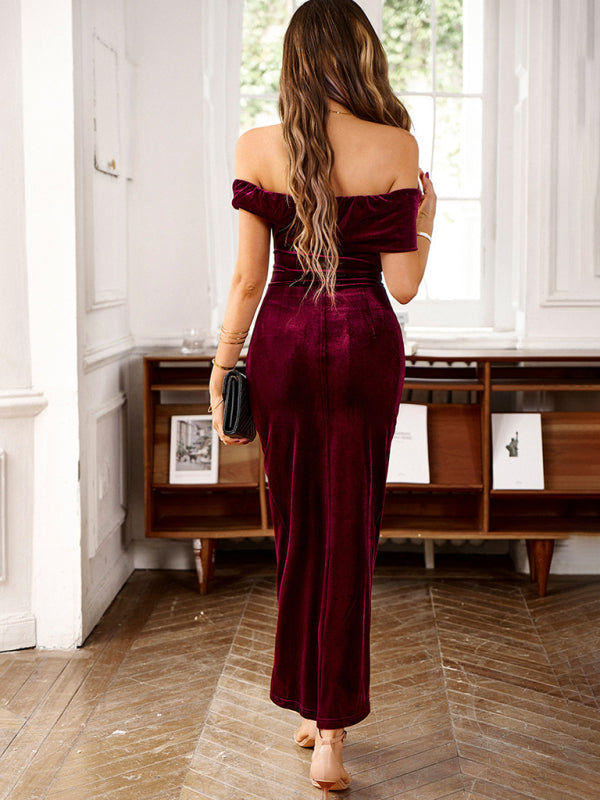 Elegant Off-The-Shoulder Velvet Midi Dress Velvet Dresses | Chuzko.com