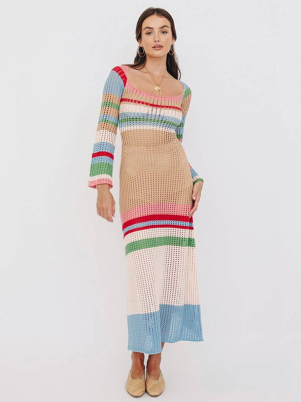 Relaxed Beach Striped Crochet Long Sleeve Midi Dress Beachwear | Chuzko.com